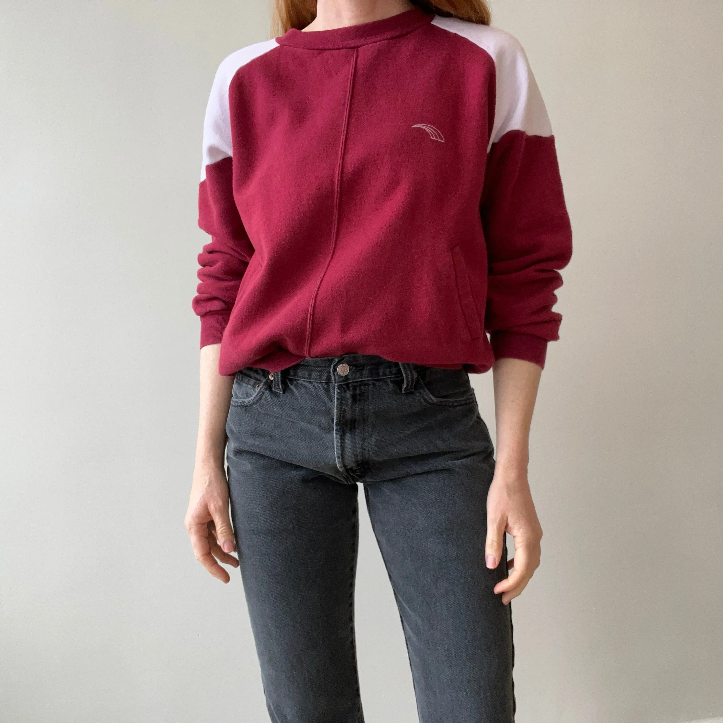 1970s Two Tone Burgundy and White Sweatshirt with  Pockets - Made in Romania (IYKYK)