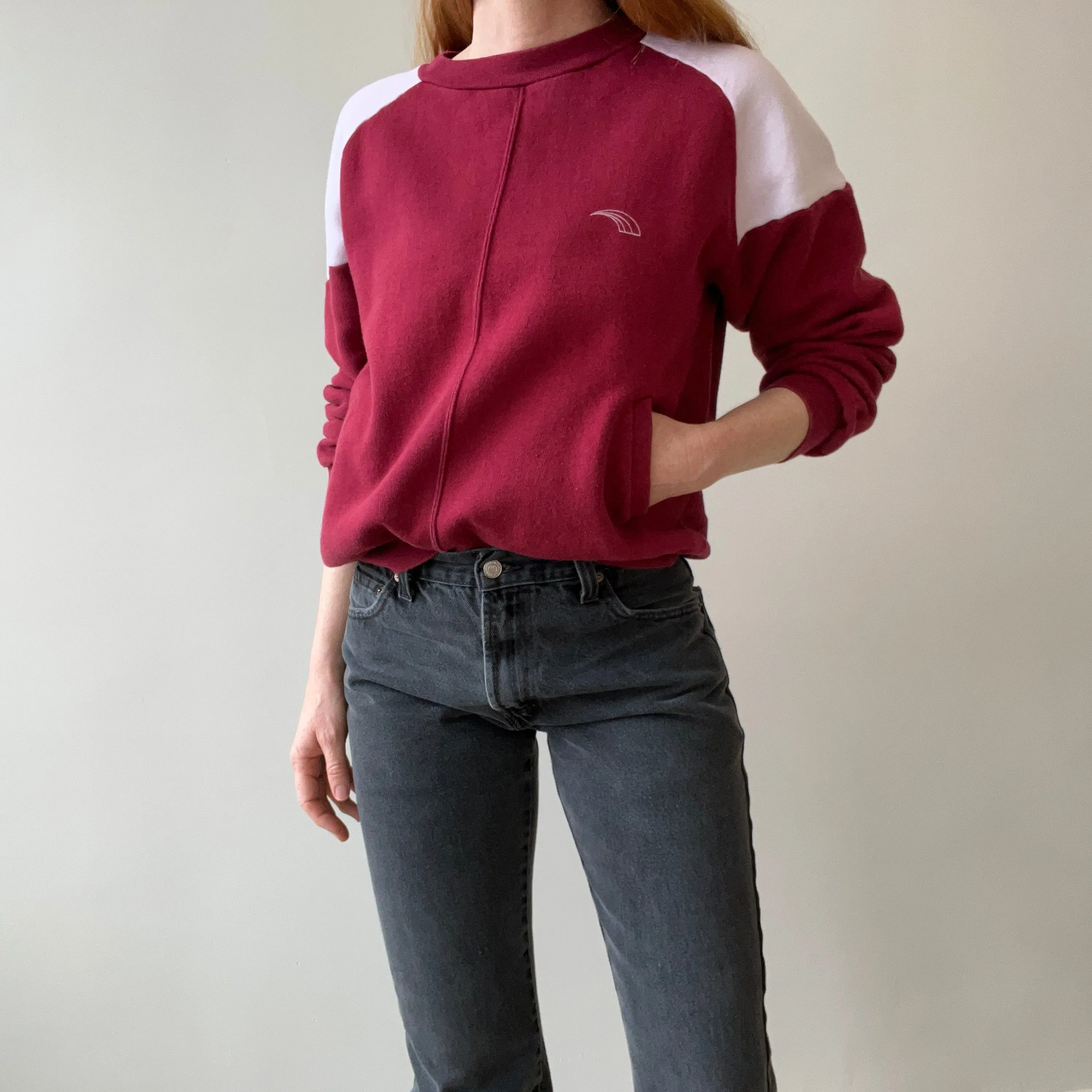 1970s Two Tone Burgundy and White Sweatshirt with  Pockets - Made in Romania (IYKYK)