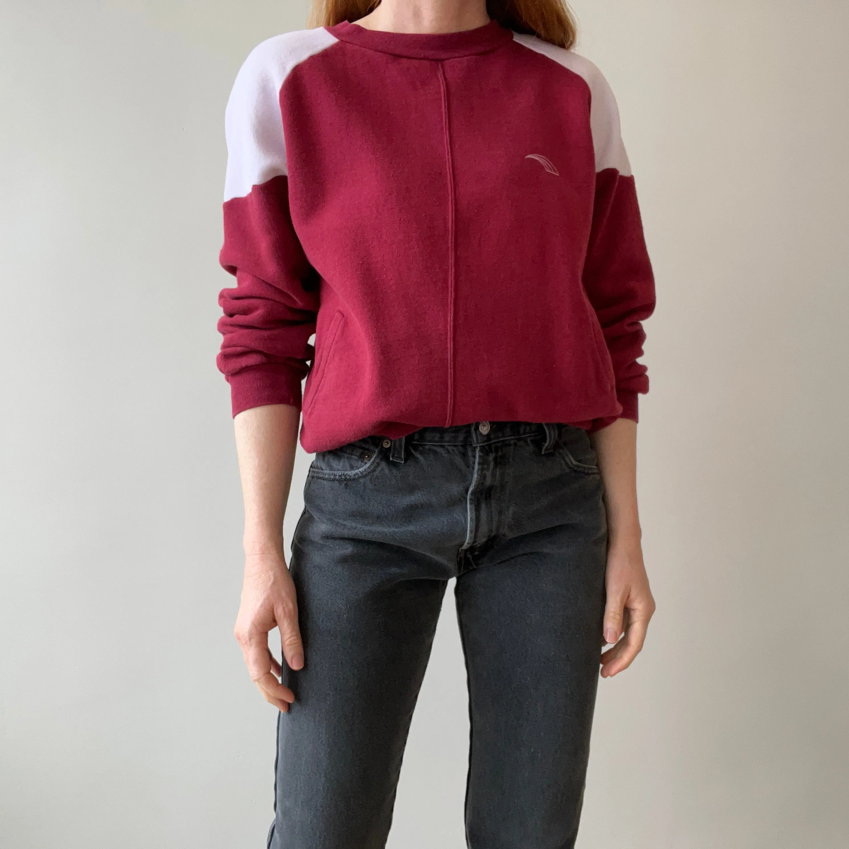 1970s Two Tone Burgundy and White Sweatshirt with  Pockets - Made in Romania (IYKYK)