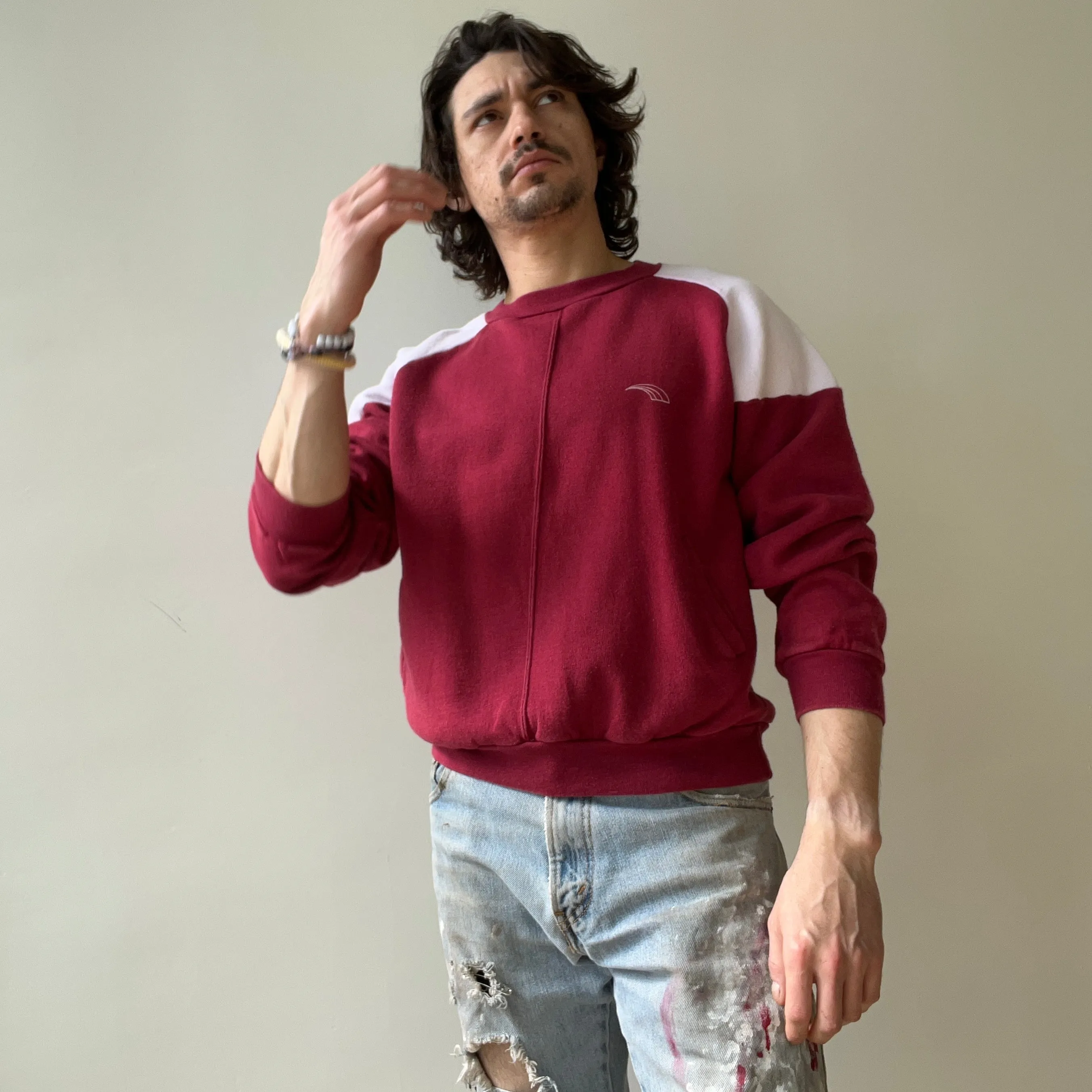 1970s Two Tone Burgundy and White Sweatshirt with  Pockets - Made in Romania (IYKYK)