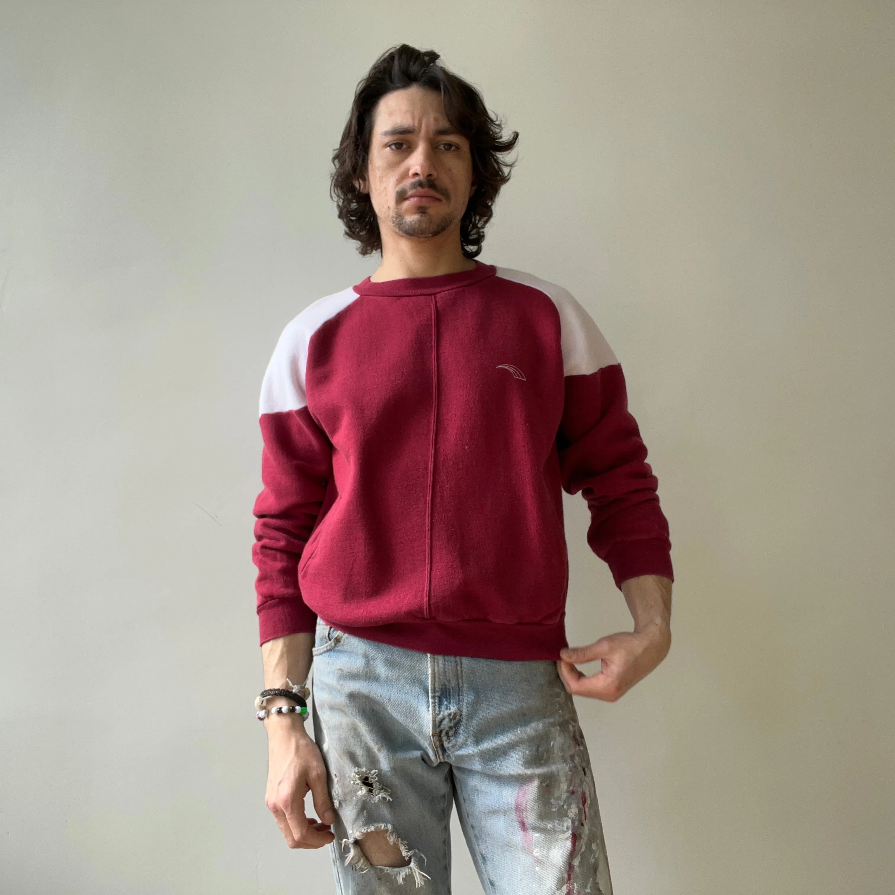 1970s Two Tone Burgundy and White Sweatshirt with  Pockets - Made in Romania (IYKYK)