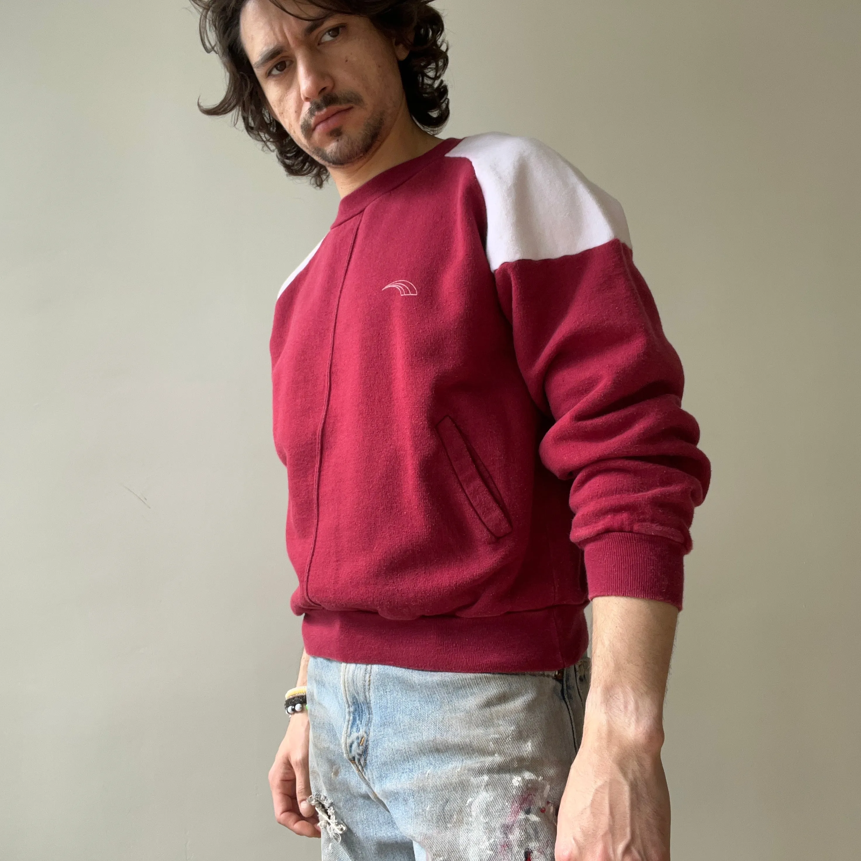 1970s Two Tone Burgundy and White Sweatshirt with  Pockets - Made in Romania (IYKYK)