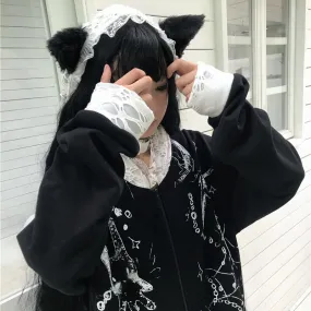Cat Ears Ripped Lace Ruffle Hooded Oversize Zip Coat