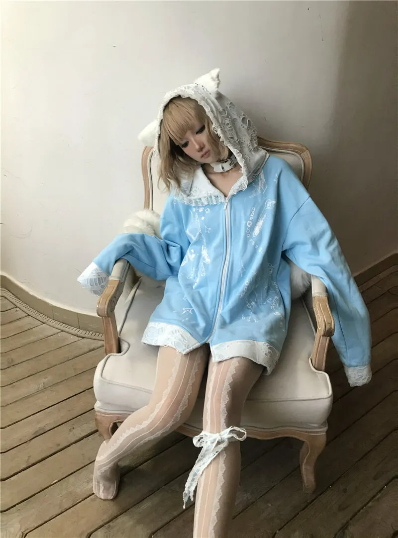Cat Ears Ripped Lace Ruffle Hooded Oversize Zip Coat