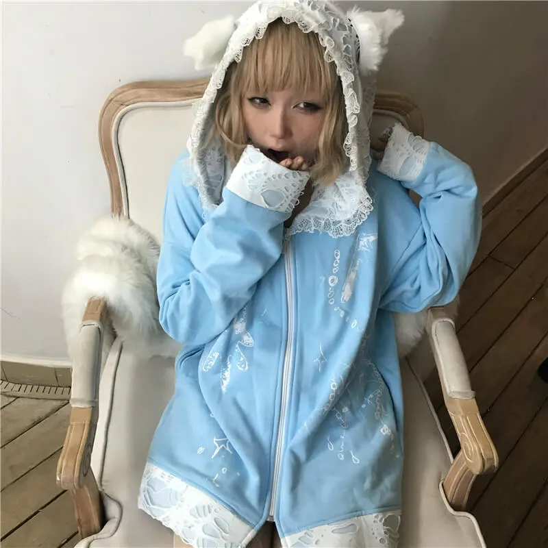 Cat Ears Ripped Lace Ruffle Hooded Oversize Zip Coat