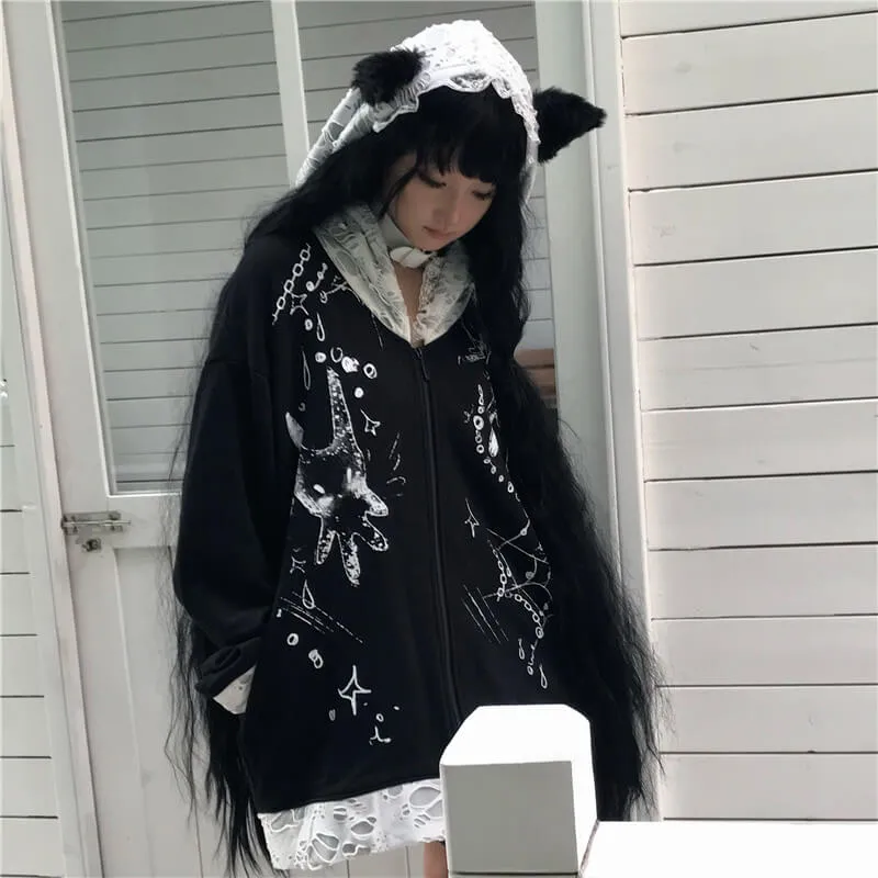Cat Ears Ripped Lace Ruffle Hooded Oversize Zip Coat