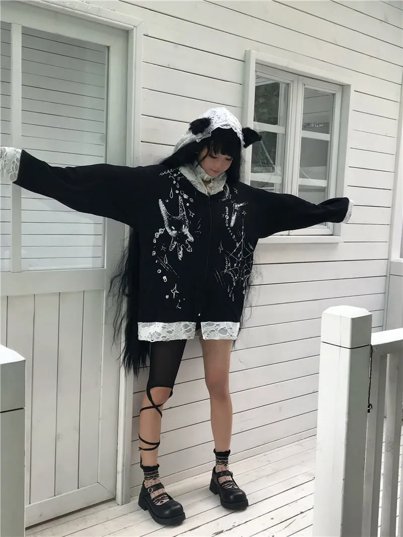Cat Ears Ripped Lace Ruffle Hooded Oversize Zip Coat