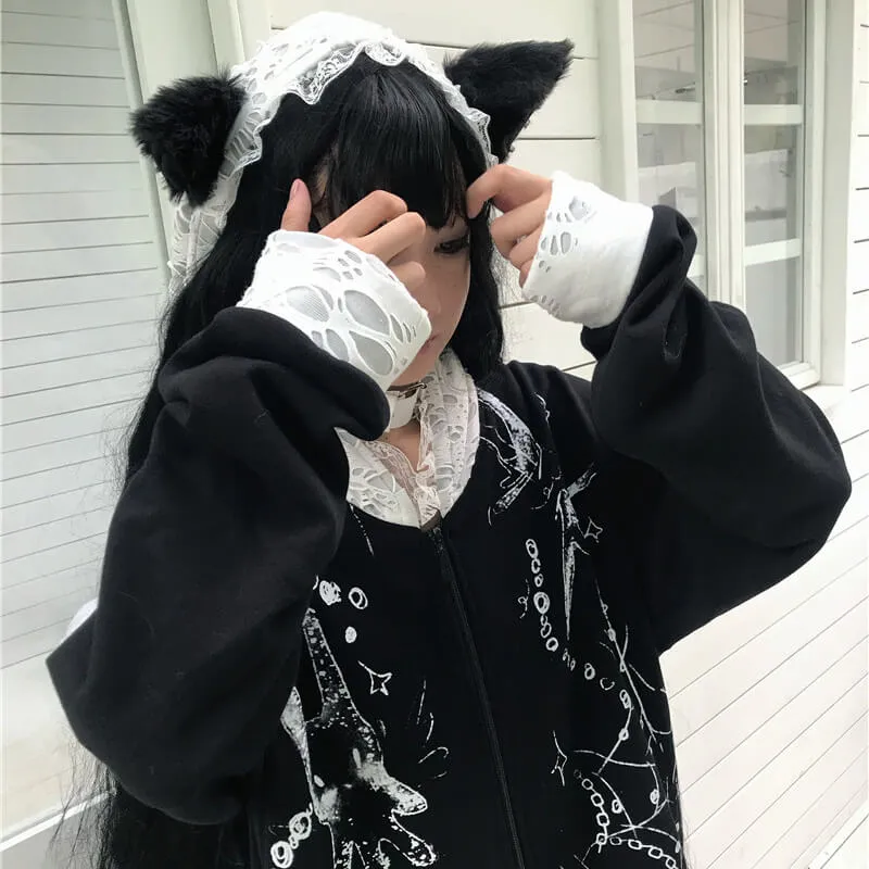 Cat Ears Ripped Lace Ruffle Hooded Oversize Zip Coat