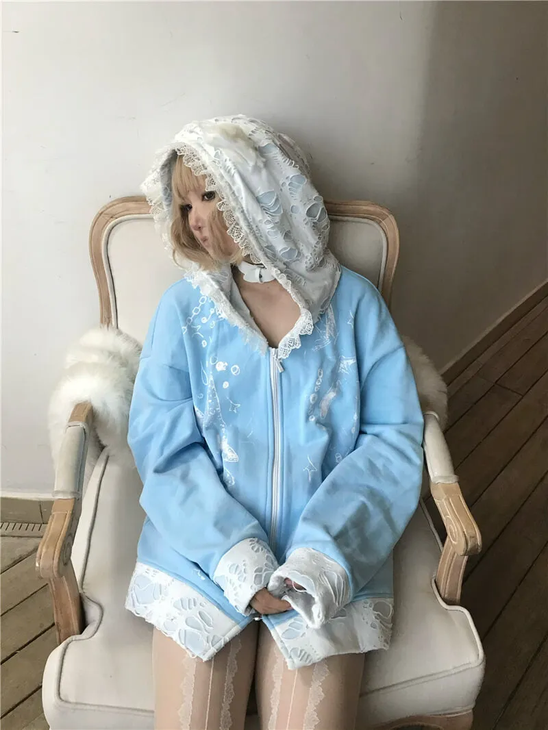 Cat Ears Ripped Lace Ruffle Hooded Oversize Zip Coat