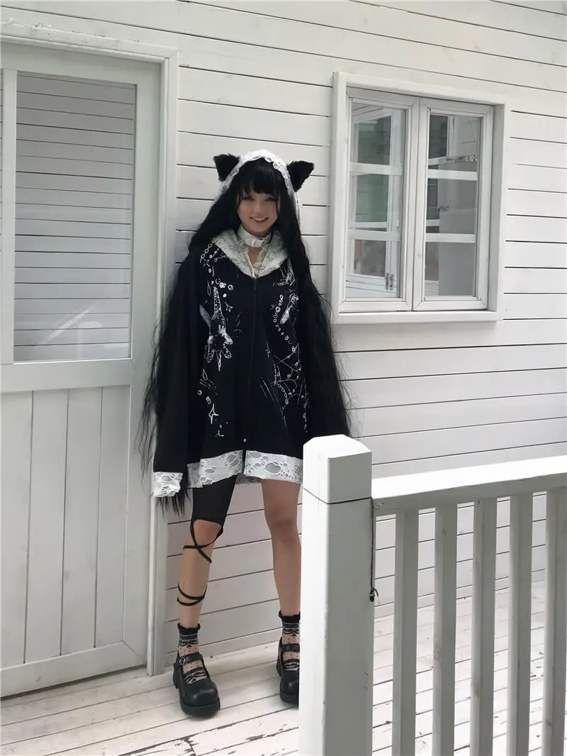 Cat Ears Ripped Lace Ruffle Hooded Oversize Zip Coat