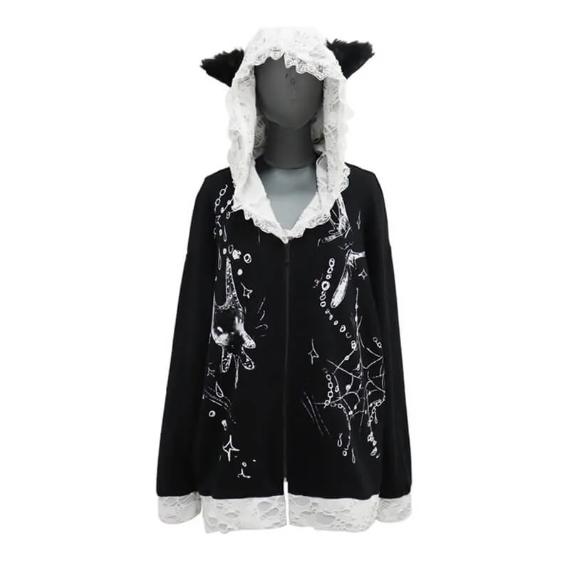 Cat Ears Ripped Lace Ruffle Hooded Oversize Zip Coat