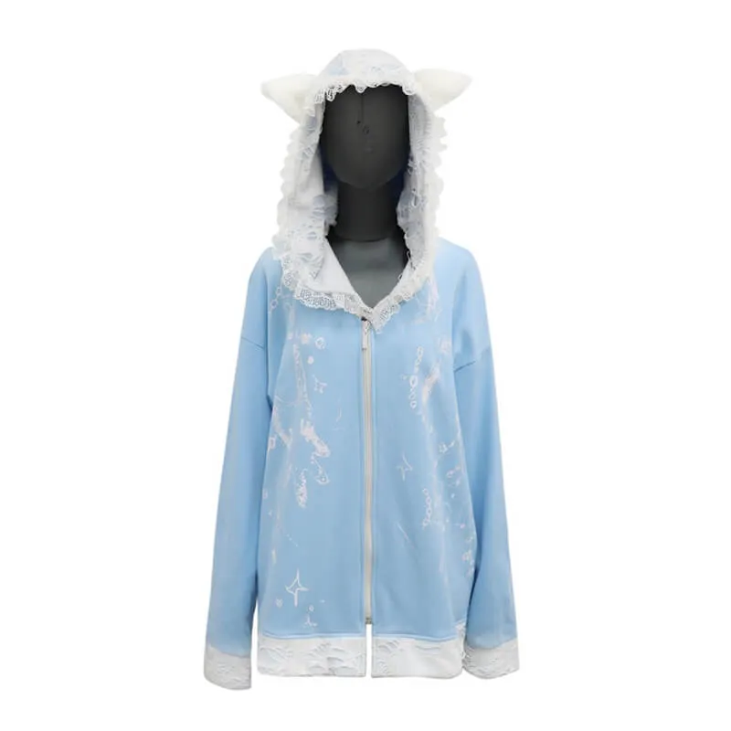 Cat Ears Ripped Lace Ruffle Hooded Oversize Zip Coat