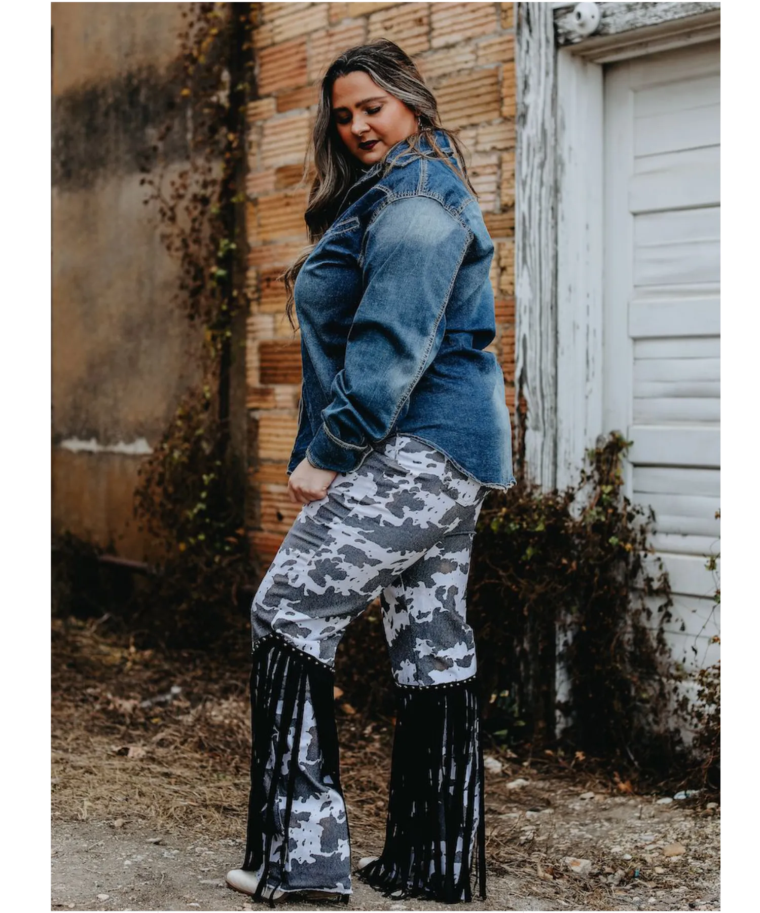Cow Print Denim with Studded Fringe Pants