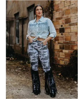 Cow Print Denim with Studded Fringe Pants