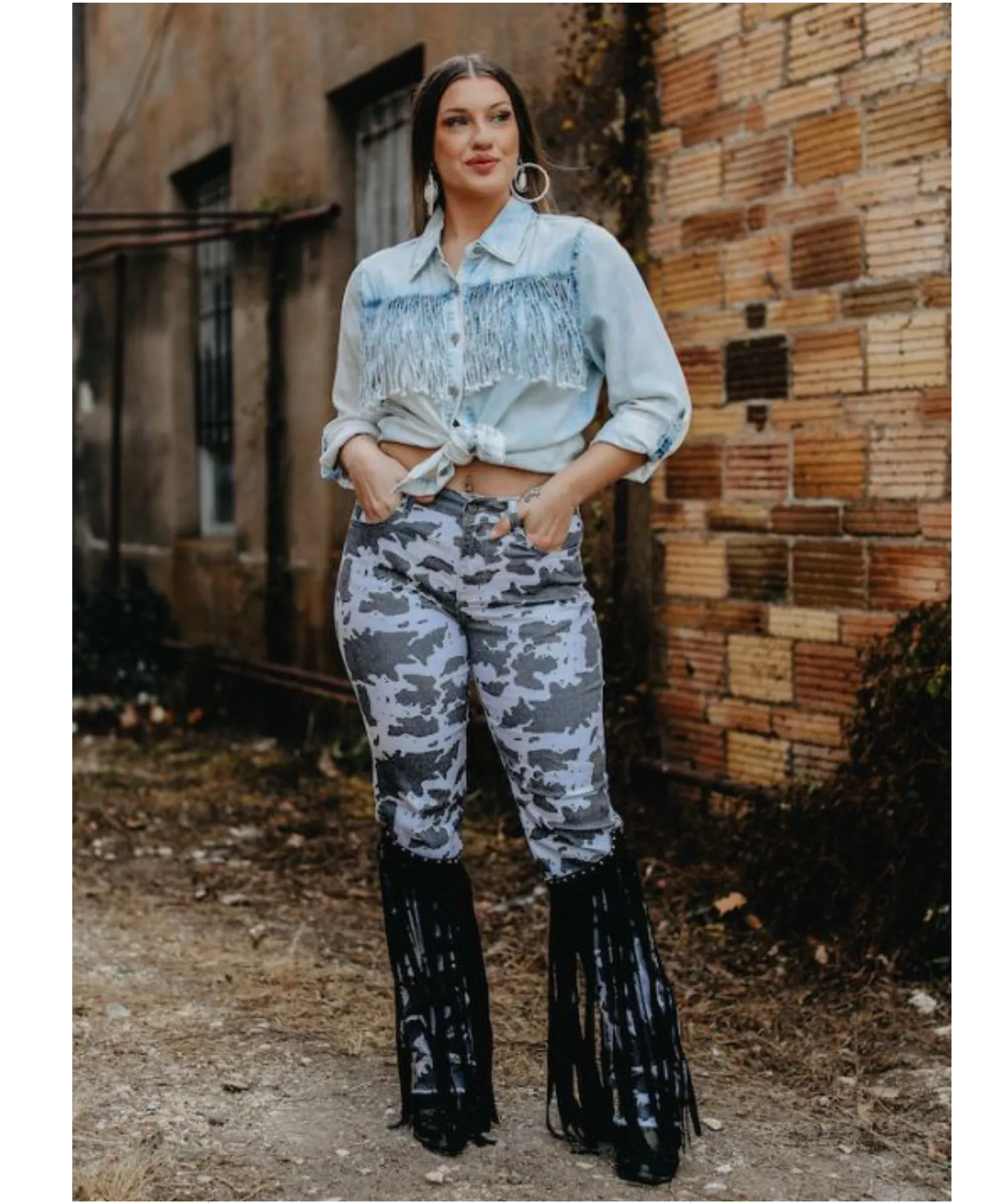 Cow Print Denim with Studded Fringe Pants