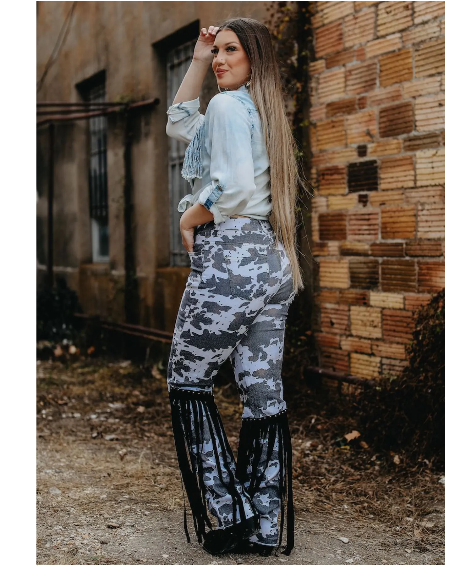 Cow Print Denim with Studded Fringe Pants