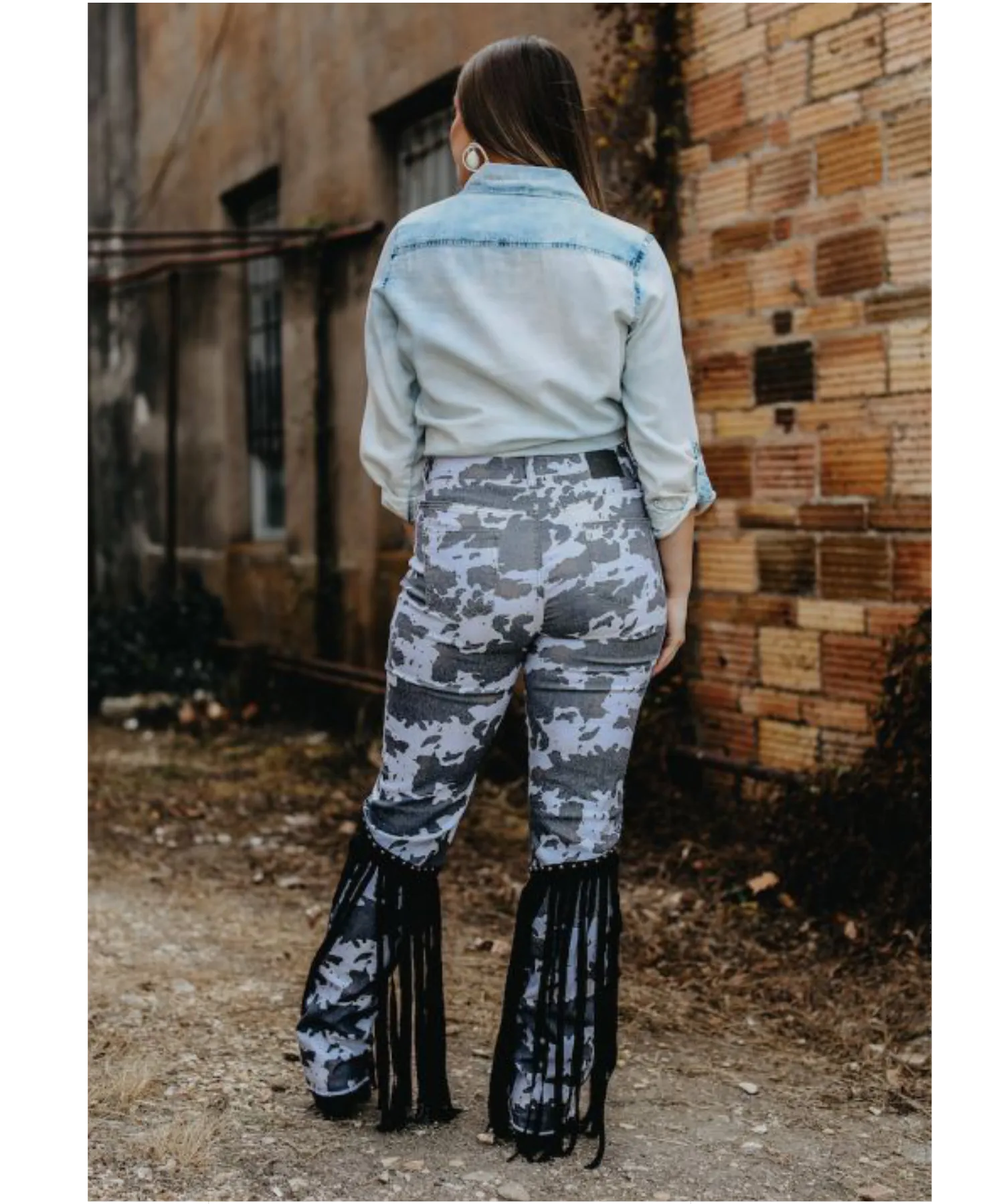 Cow Print Denim with Studded Fringe Pants