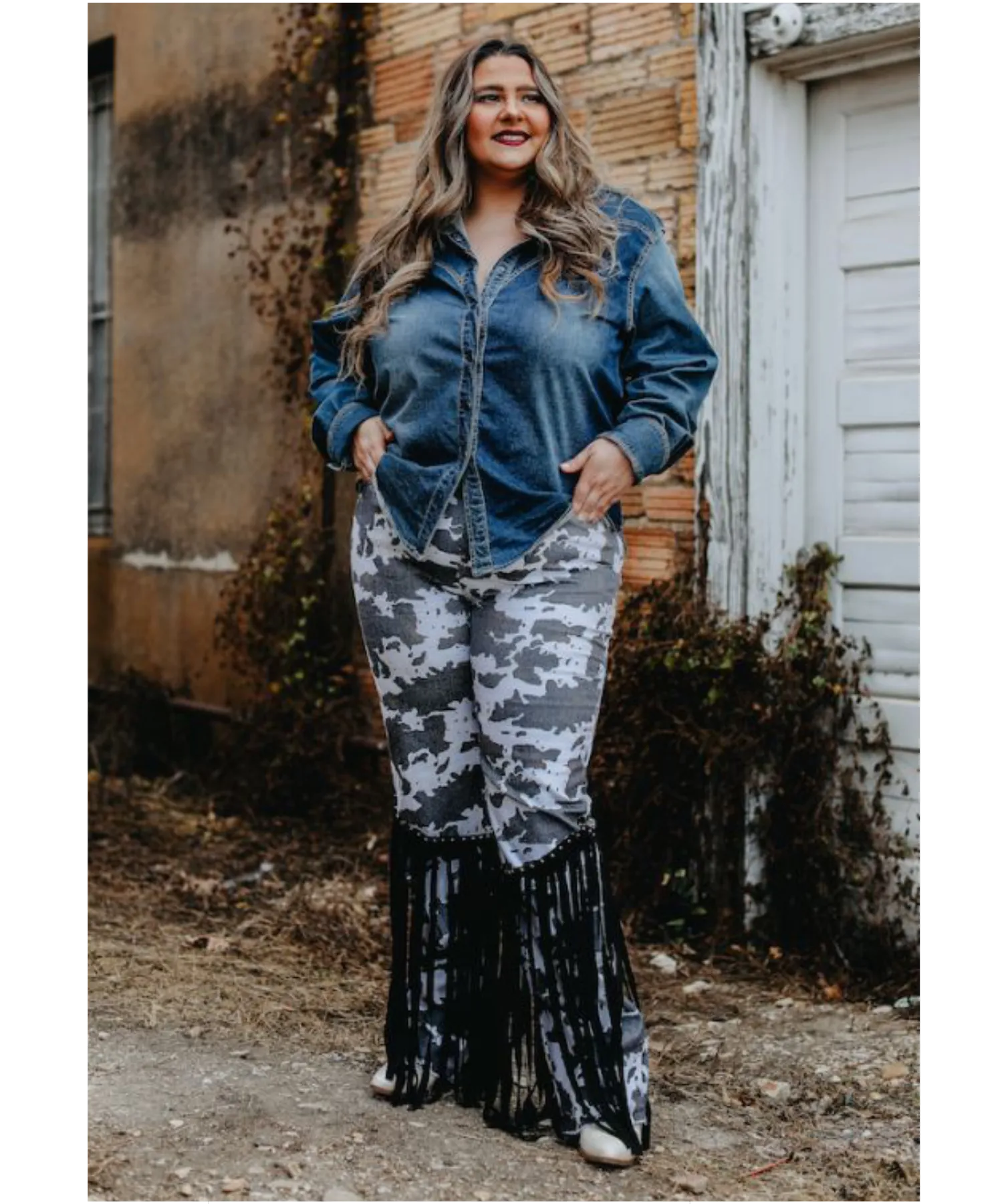 Cow Print Denim with Studded Fringe Pants