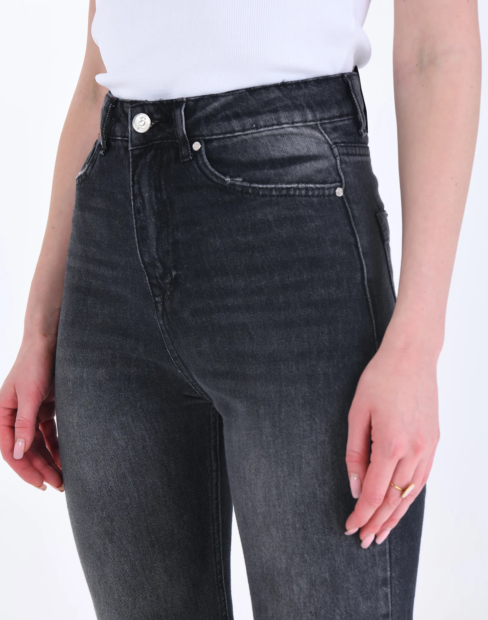 Dark Grey Faded Classic Jeans With Slits
