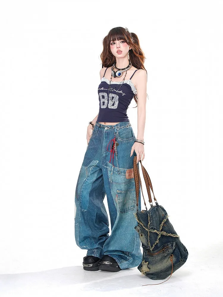 Denim Blue Faded Wash Pockets Wide-Leg Cut Jeans
