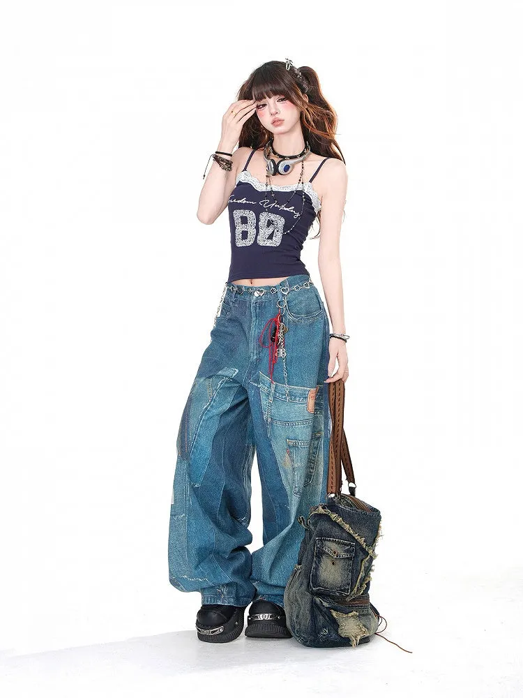 Denim Blue Faded Wash Pockets Wide-Leg Cut Jeans
