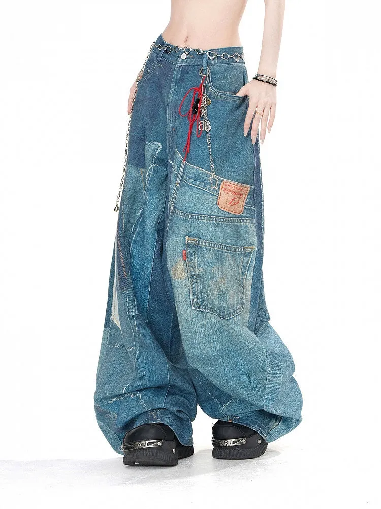 Denim Blue Faded Wash Pockets Wide-Leg Cut Jeans