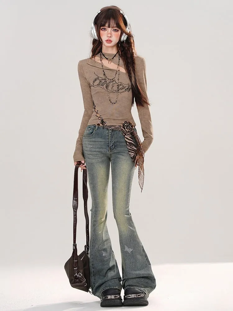 Denim Blue Rhinestone Butterflies Adorned Faded Wash Fishtail Jeans