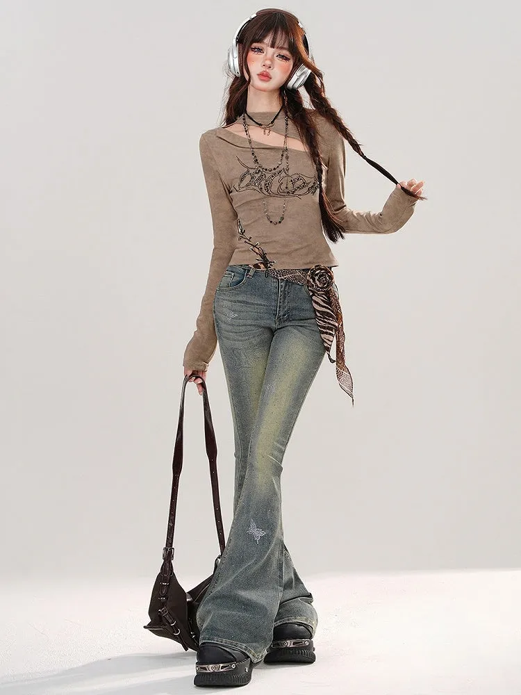 Denim Blue Rhinestone Butterflies Adorned Faded Wash Fishtail Jeans