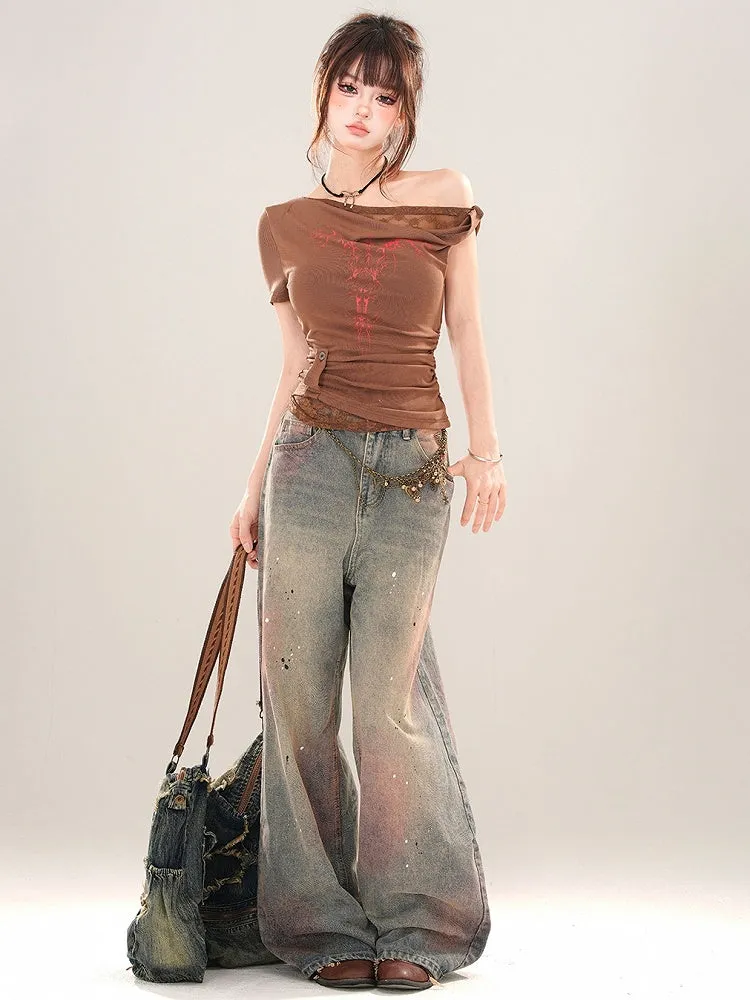 Faded Wash Blue and Pink SplashInk Details Wide-leg Cut Jeans