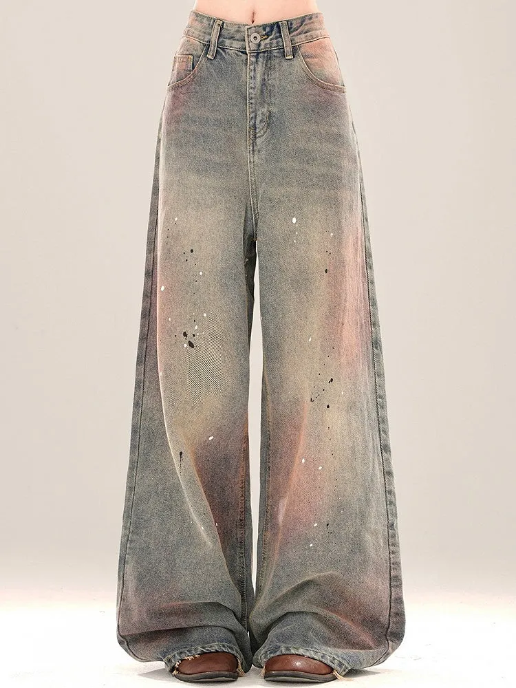 Faded Wash Blue and Pink SplashInk Details Wide-leg Cut Jeans