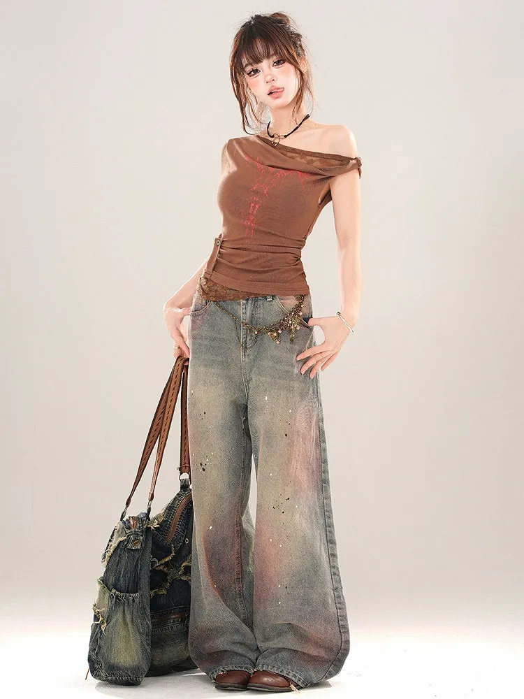 Faded Wash Blue and Pink SplashInk Details Wide-leg Cut Jeans