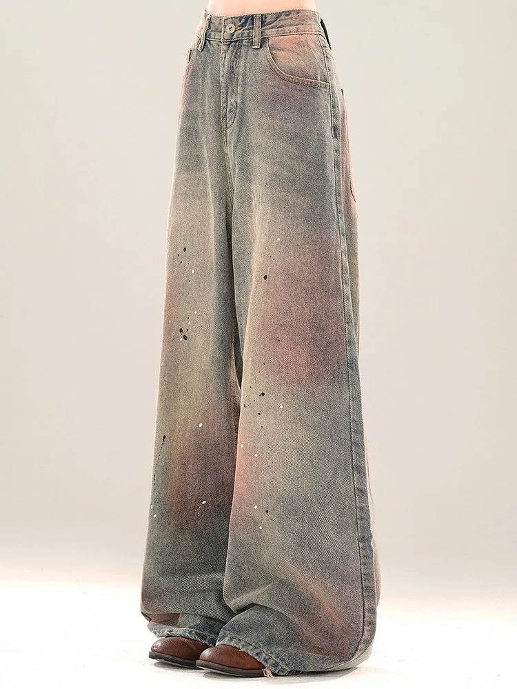 Faded Wash Blue and Pink SplashInk Details Wide-leg Cut Jeans