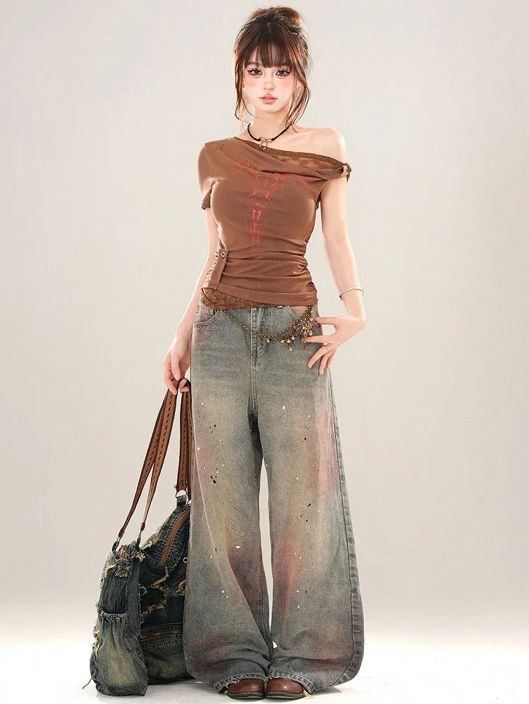 Faded Wash Blue and Pink SplashInk Details Wide-leg Cut Jeans