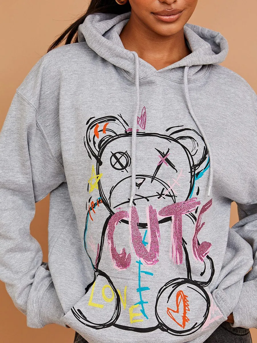 Isabela Cute Teddy Graphic Print Hoodie In Grey