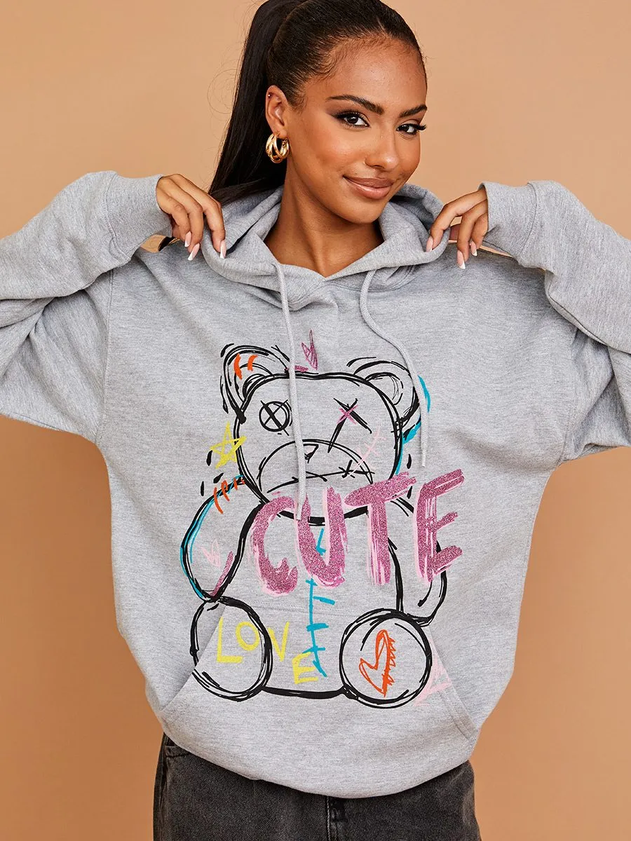 Isabela Cute Teddy Graphic Print Hoodie In Grey
