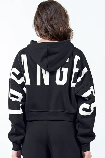 Los Angeles Letter Graphic Long Sleeve Drawstring Cropped Hoodie