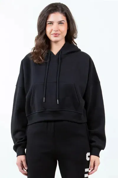 Los Angeles Letter Graphic Long Sleeve Drawstring Cropped Hoodie