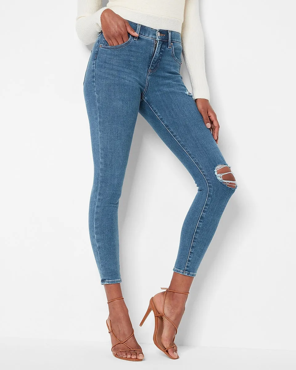Mid Rise 4-Way Hyper Stretch Medium Wash Ripped Skinny Jeans in Medium Wash