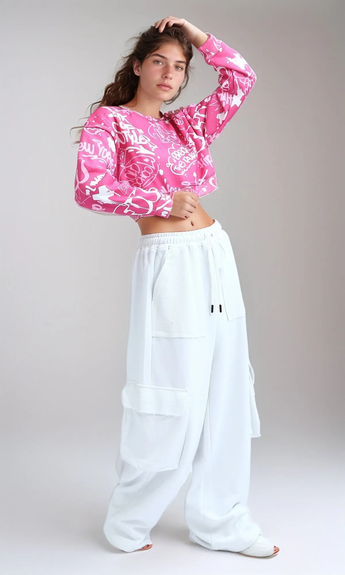 O199395 - Fashionable Long Sleeves Fuchsia & White Cropped Sweatshirt