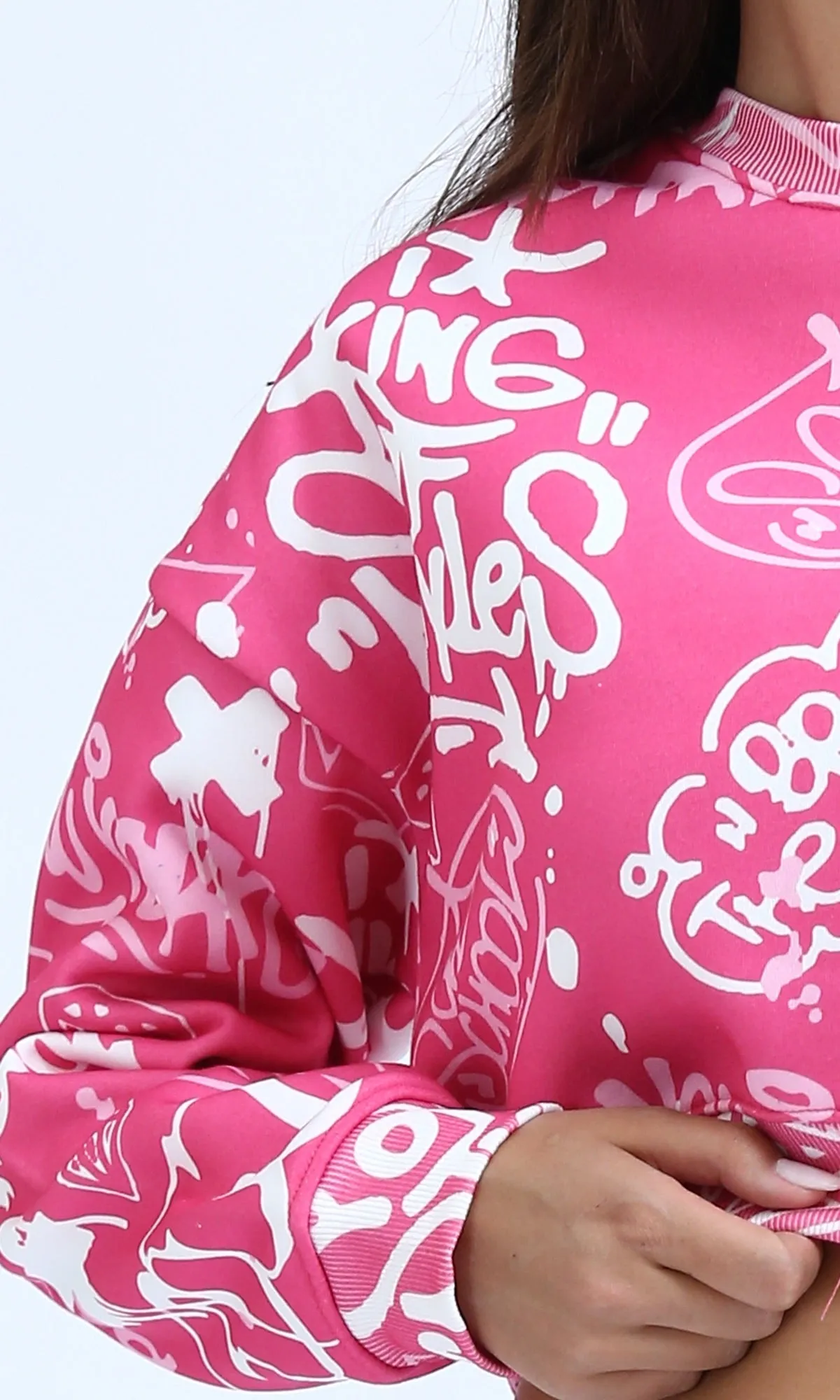 O199395 - Fashionable Long Sleeves Fuchsia & White Cropped Sweatshirt