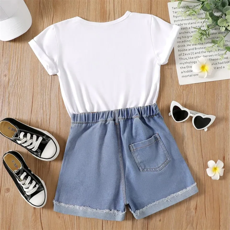PatPat 2pcs Baby Girl Clothes Letter Print Short-sleeve White Tee and Ripped Denim Shorts Set Kid Clothing 20407903