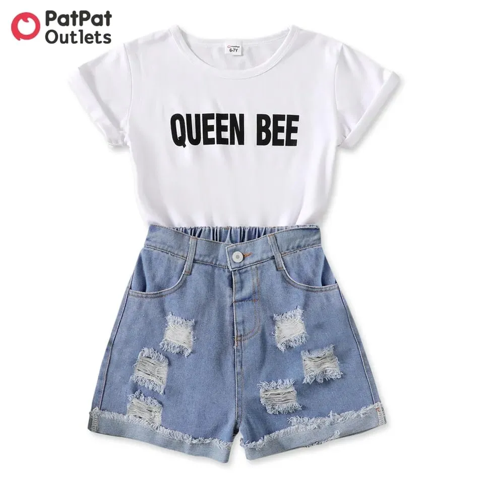 PatPat 2pcs Baby Girl Clothes Letter Print Short-sleeve White Tee and Ripped Denim Shorts Set Kid Clothing 20407903