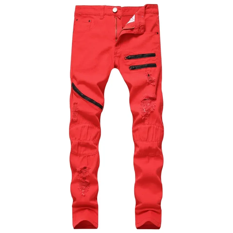 Ripped Jeans Fashion Wild Solid Color Slim Close-Fitting Casual Hole Pants Trousers with Zipper for Daily S1427340