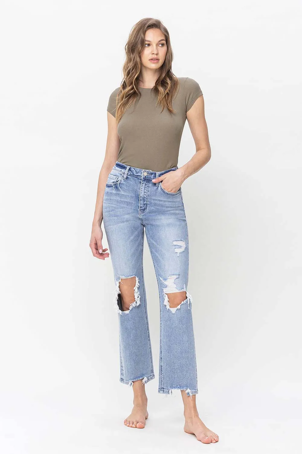 VERVET 90's High Rise Distressed Straight Jeans